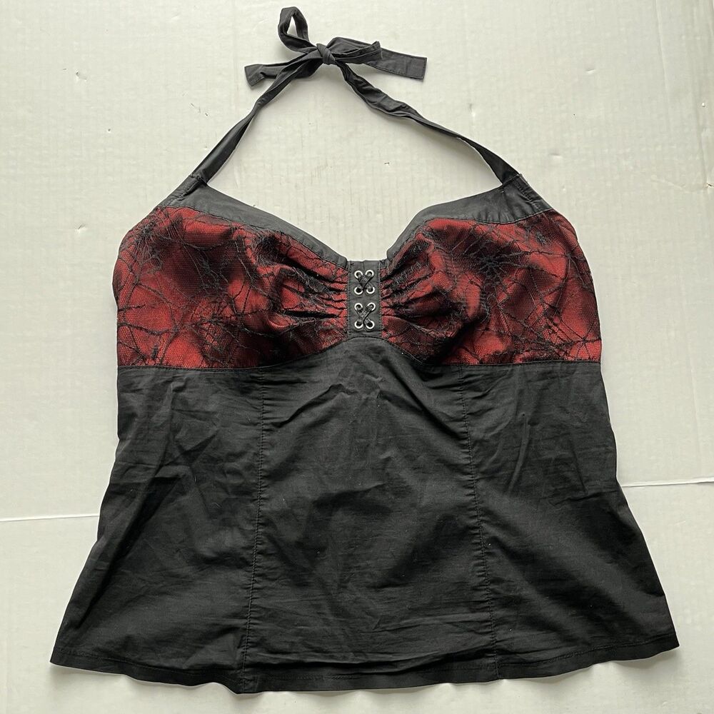 Vintage Y2K Tripp NYC Black/Red Corset Halter Top Sz 2 Spider Web Lace Goth Punk